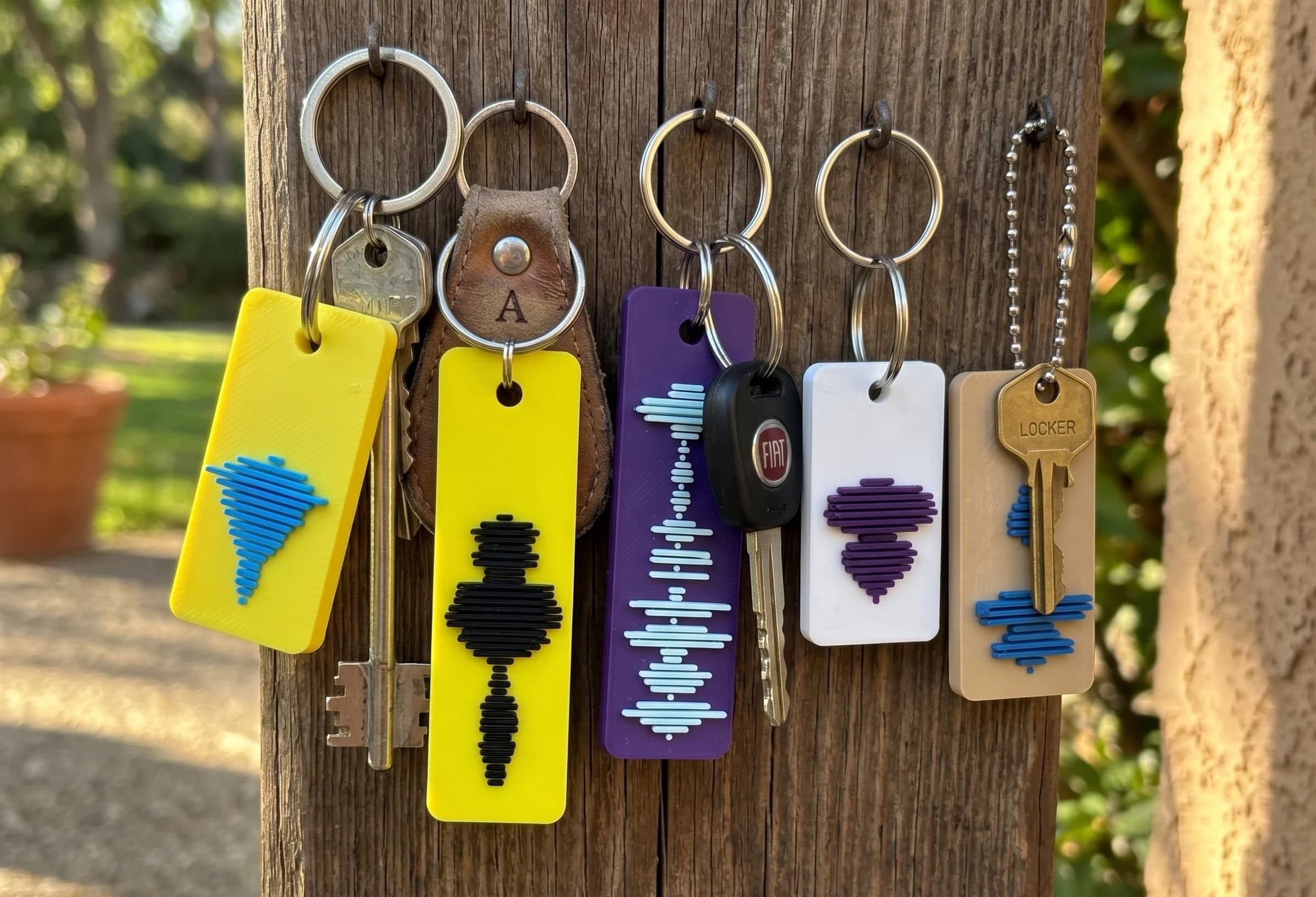 VoicePrint3D keychains hanging on a tree trunk