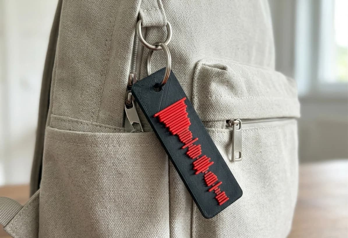 VoicePrint3D keychain on a backpack